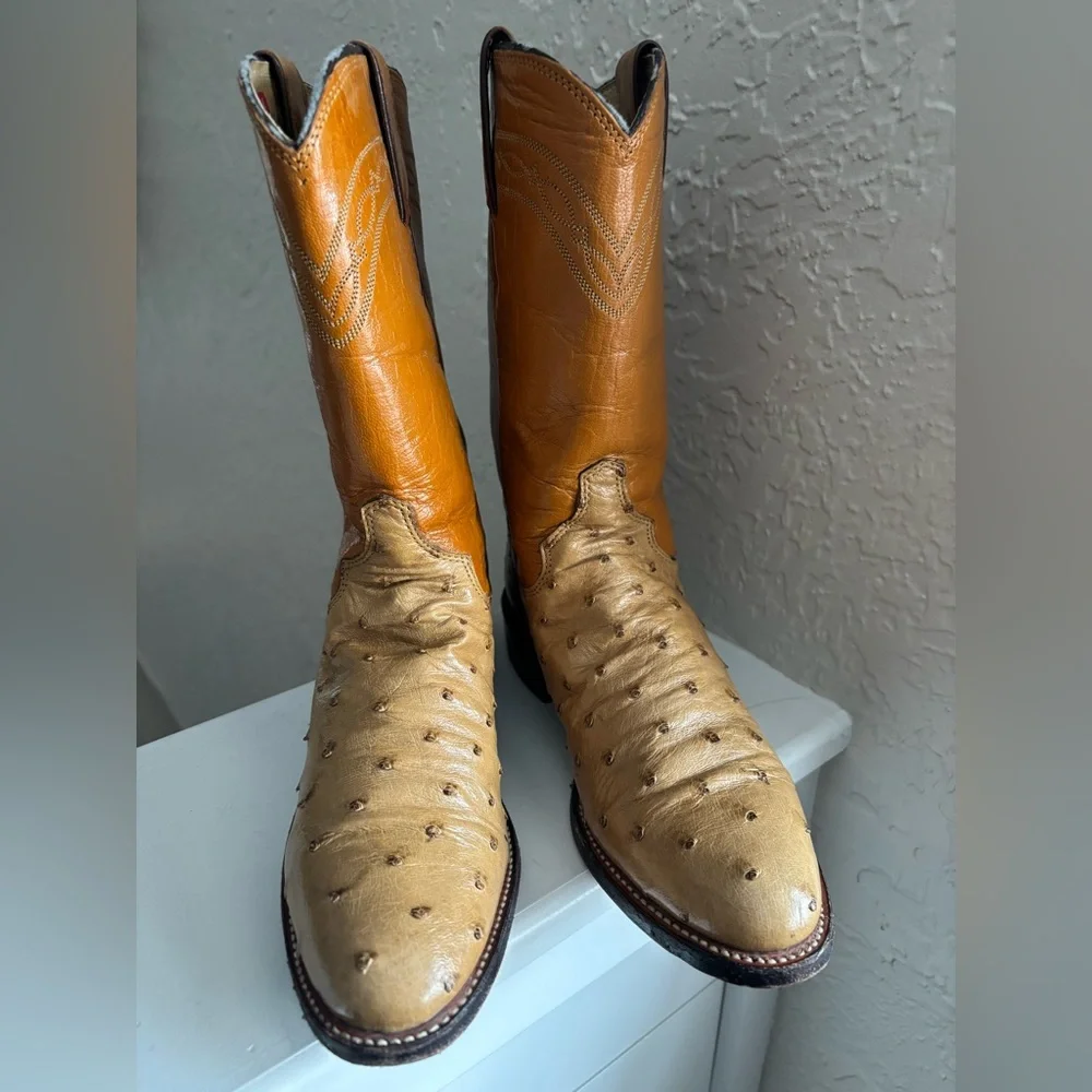 Justin Full Quill Ostrich Two Tone leather Western Cowboy Boots pull on size 4.5